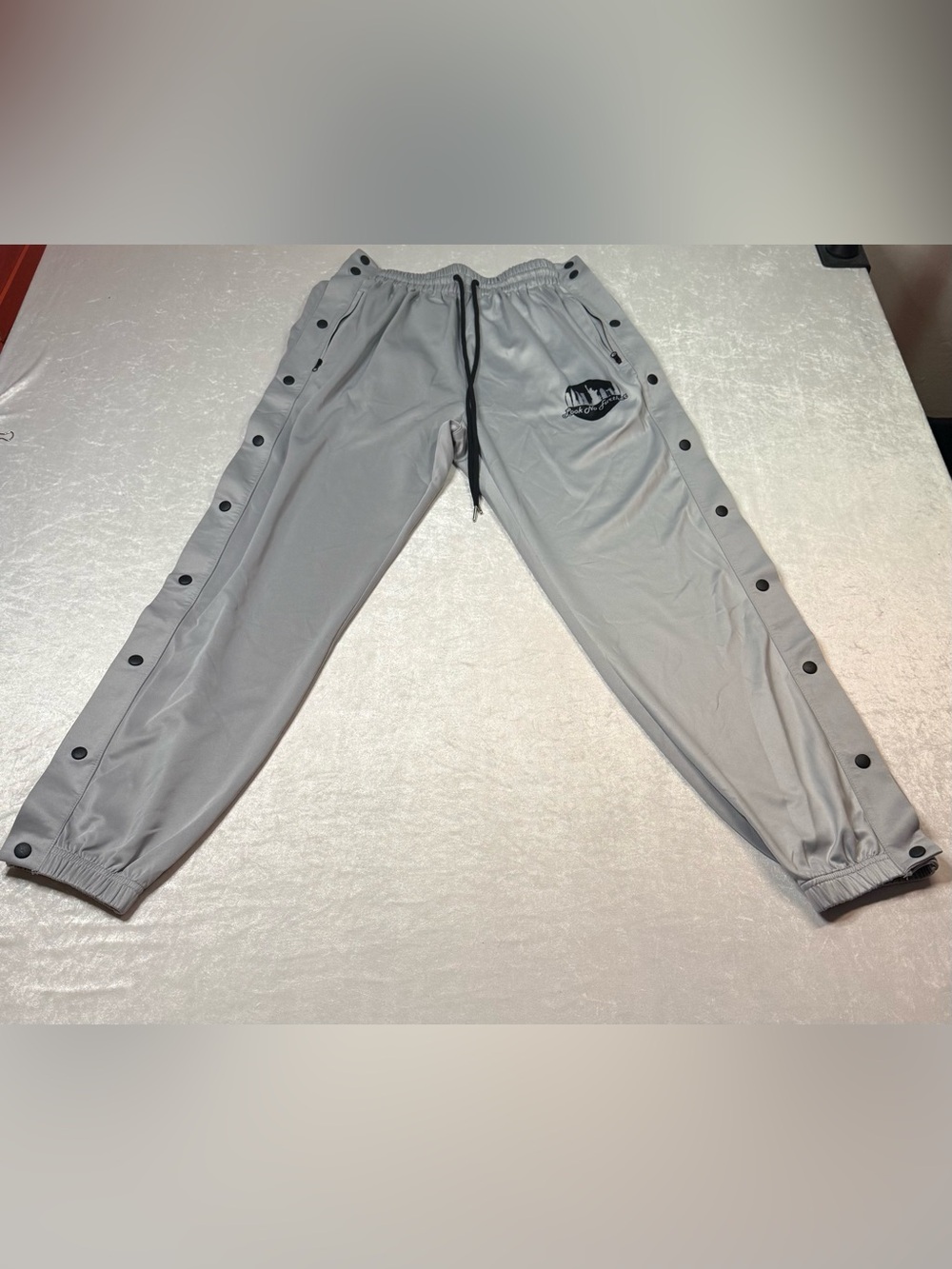 Look No Further Grey Snap-Button Track Pants with Black Drawstring
